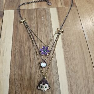 Betsey Johnson bejeweled necklace w/ monkey, jewel, bow & glittery flower charm